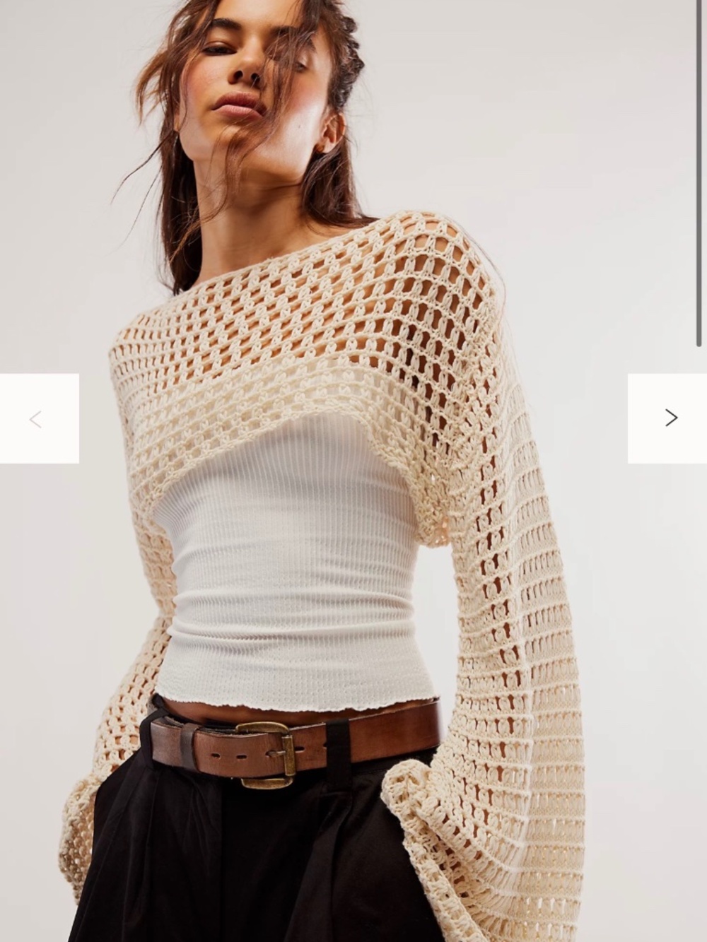 Free People Cream crochet bolero shrug with flared sleeves. s/m